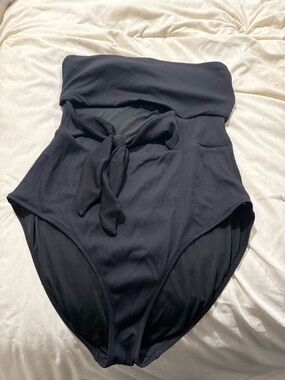 aerie Black Ribbed Strapless One-Piece Swimsuit with Front Tie